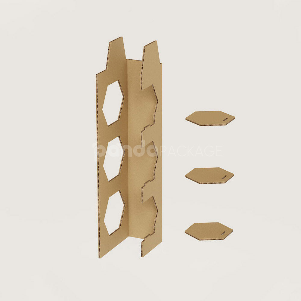 modular corrugated cardboard display stand with hexagonal shelves for retail