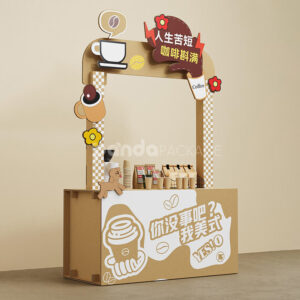 corrugated cardboard promotional display stand with header sign for retail and coffee events