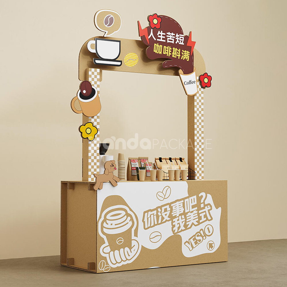 corrugated cardboard promotional display stand with header sign for retail and coffee events