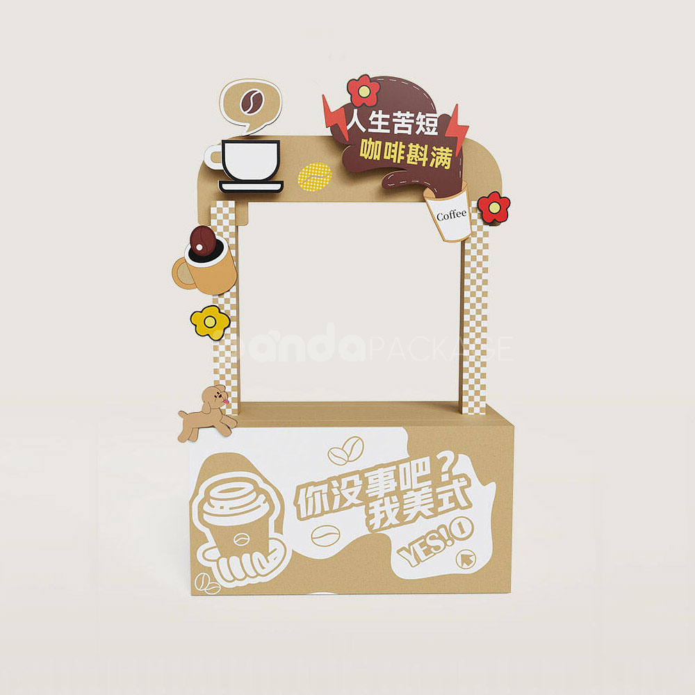 corrugated cardboard promotional display stand with header sign for retail and coffee events
