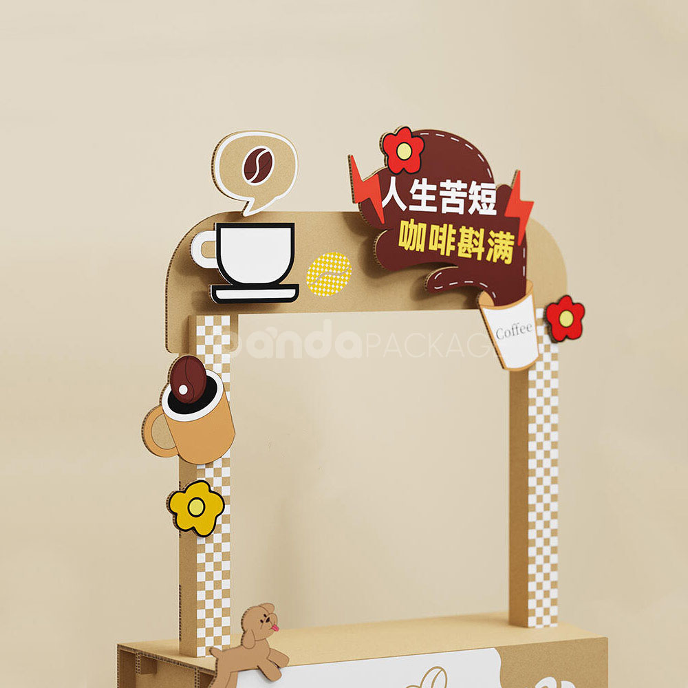 corrugated cardboard promotional display stand with header sign for retail and coffee events