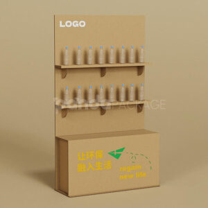 corrugated cardboard floor display stand with reinforced shelves for retail and beverage products