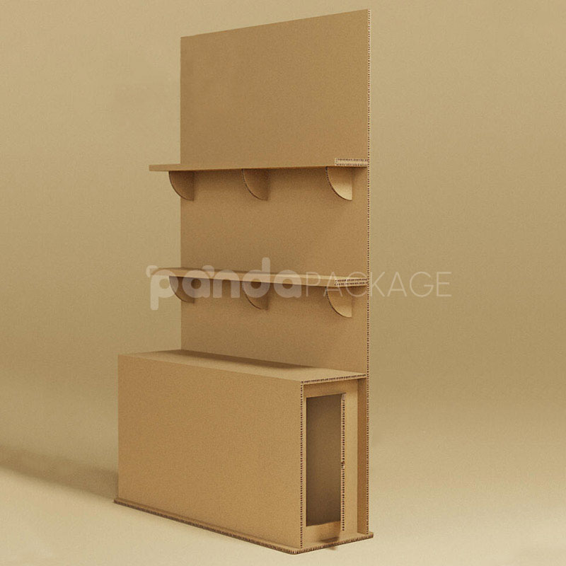 corrugated cardboard floor display stand with reinforced shelves for retail and beverage products