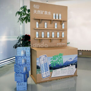 corrugated cardboard floor display stand with reinforced shelves for retail and beverage products