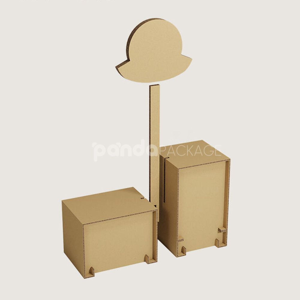 corrugated cardboard tiered display stand with custom header sign for retail and events