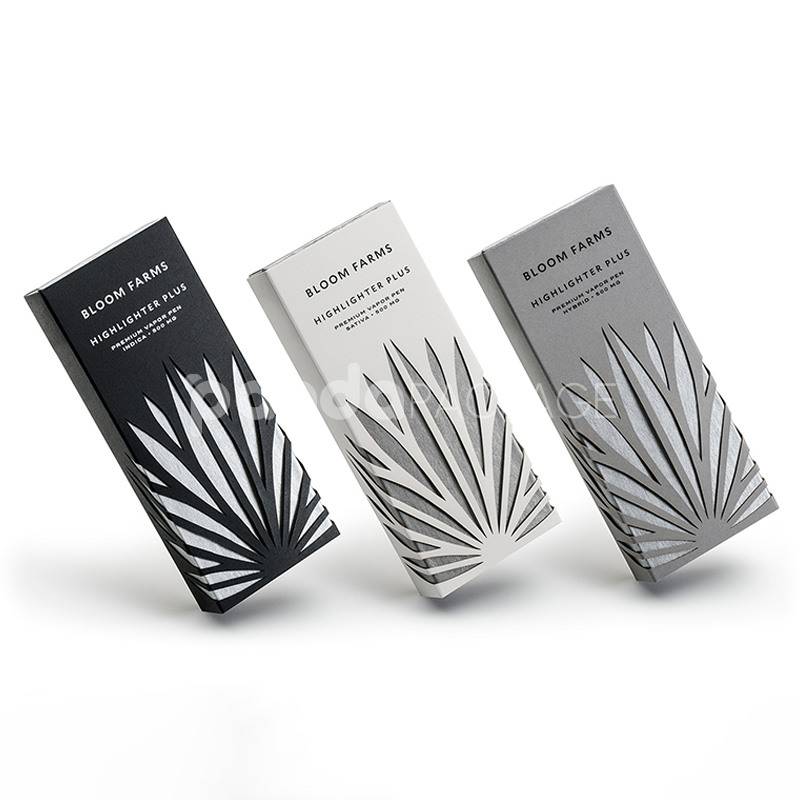 black and silver rigid drawer box with paper sleeve for cannabis vape pen packaging