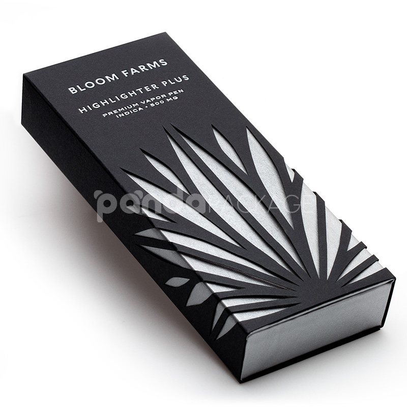 black and silver rigid drawer box with paper sleeve for cannabis vape pen packaging