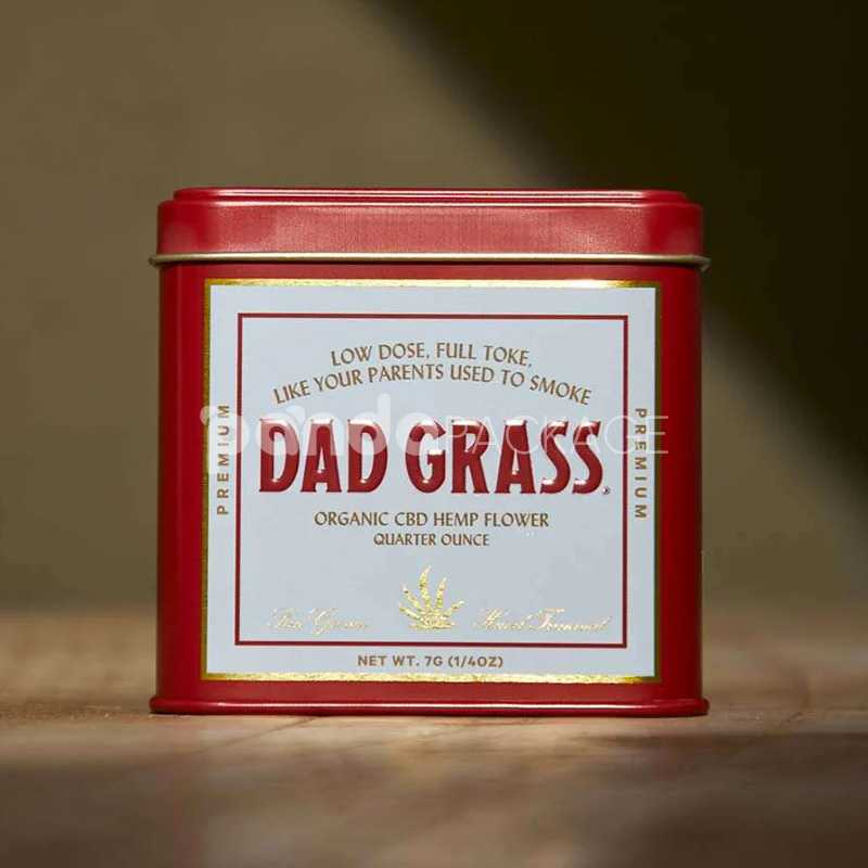 square metal tin box for cannabis flower and CBD hemp packaging with hinged lid and printed label design