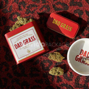 square metal tin box for cannabis flower and CBD hemp packaging with hinged lid and printed label design