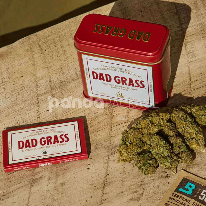 square metal tin box for cannabis flower and CBD hemp packaging with hinged lid and printed label design