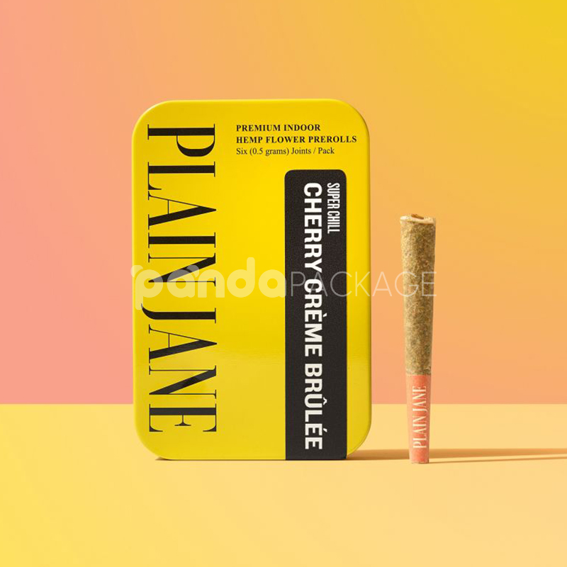 rectangular metal tin box for cannabis pre-roll joints packaging with hinged lid and vibrant printed design