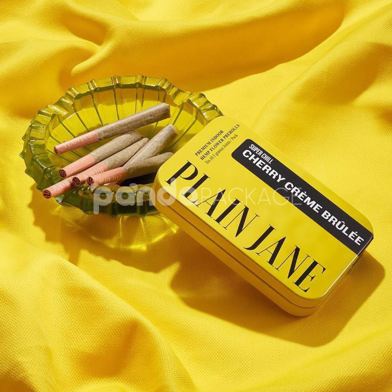 rectangular metal tin box for cannabis pre-roll joints packaging with hinged lid and vibrant printed design