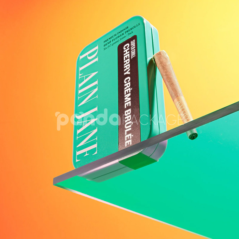 rectangular metal tin box for cannabis pre-roll joints packaging with hinged lid and vibrant printed design