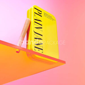 rectangular metal tin box for cannabis pre-roll joints packaging with hinged lid and vibrant printed design