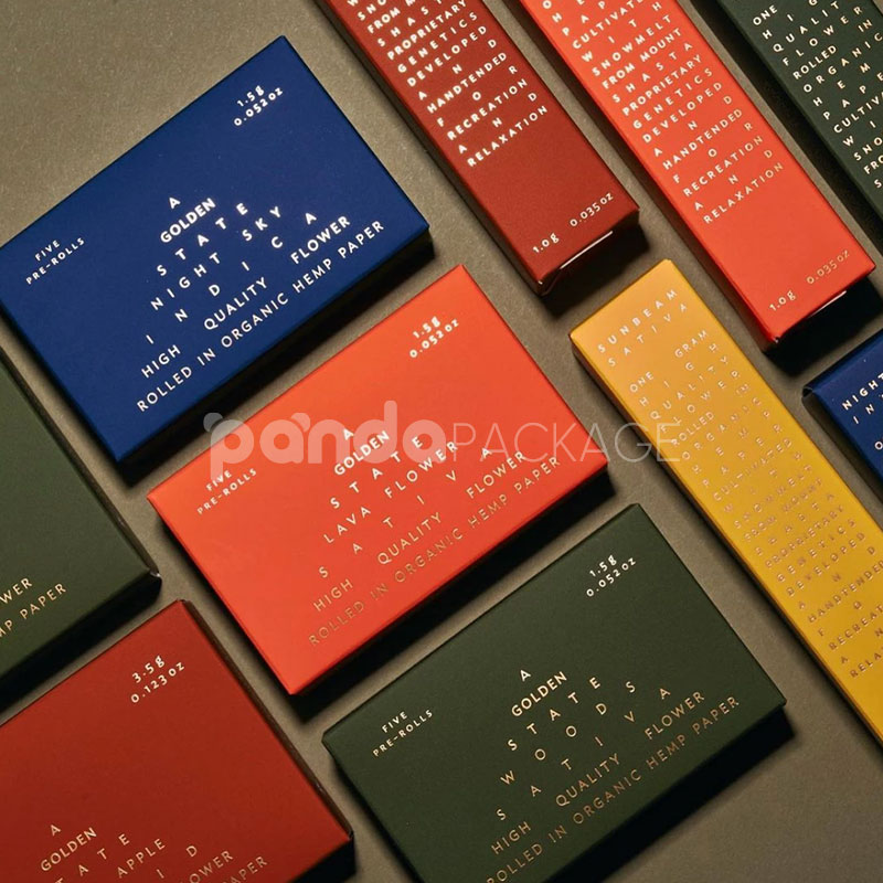 premium matte paperboard box for cannabis pre-roll packaging with gold foil stamping and minimal design