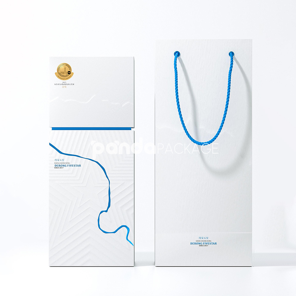 rigid two-piece wine packaging box with embossed lid and blue foil line design for premium bottle packaging