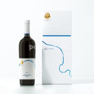 rigid two-piece wine packaging box with embossed lid and blue foil line design for premium bottle packaging