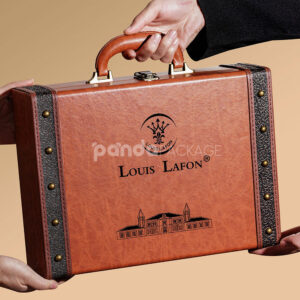 luxury rigid leather wine gift box with handle lock and dual bottle compartments for premium packaging