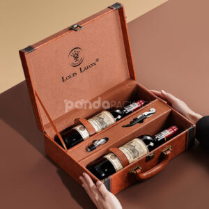 luxury rigid leather wine gift box with handle lock and dual bottle compartments for premium packaging