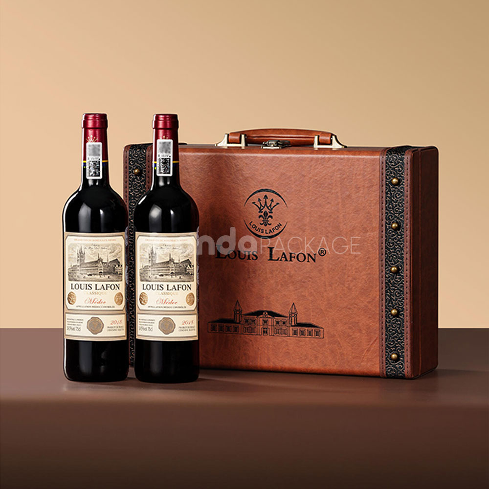 luxury rigid leather wine gift box with handle lock and dual bottle compartments for premium packaging