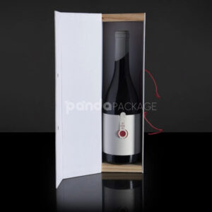 rigid book-style wine packaging box with textured paper surface and wax seal elastic closure for premium red wine bottles