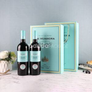luxury rigid book-style wine packaging box with gold foil details and matching rope-handle gift bag for two-bottle presentation