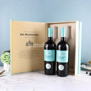 luxury rigid book-style wine packaging box with gold foil details and matching rope-handle gift bag for two-bottle presentation