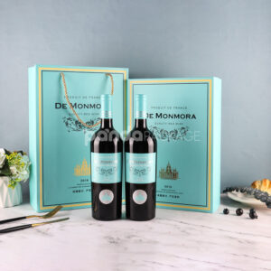 luxury rigid book-style wine packaging box with gold foil details and matching rope-handle gift bag for two-bottle presentation