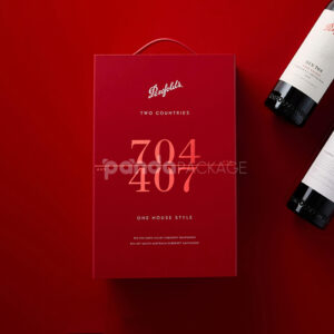 luxury red rigid magnetic wine packaging box with foil stamping and built-in handle for two-bottle presentation