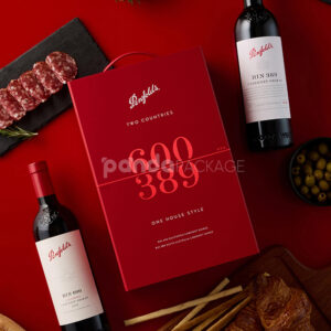 luxury red rigid magnetic wine packaging box with foil stamping and built-in handle for two-bottle presentation