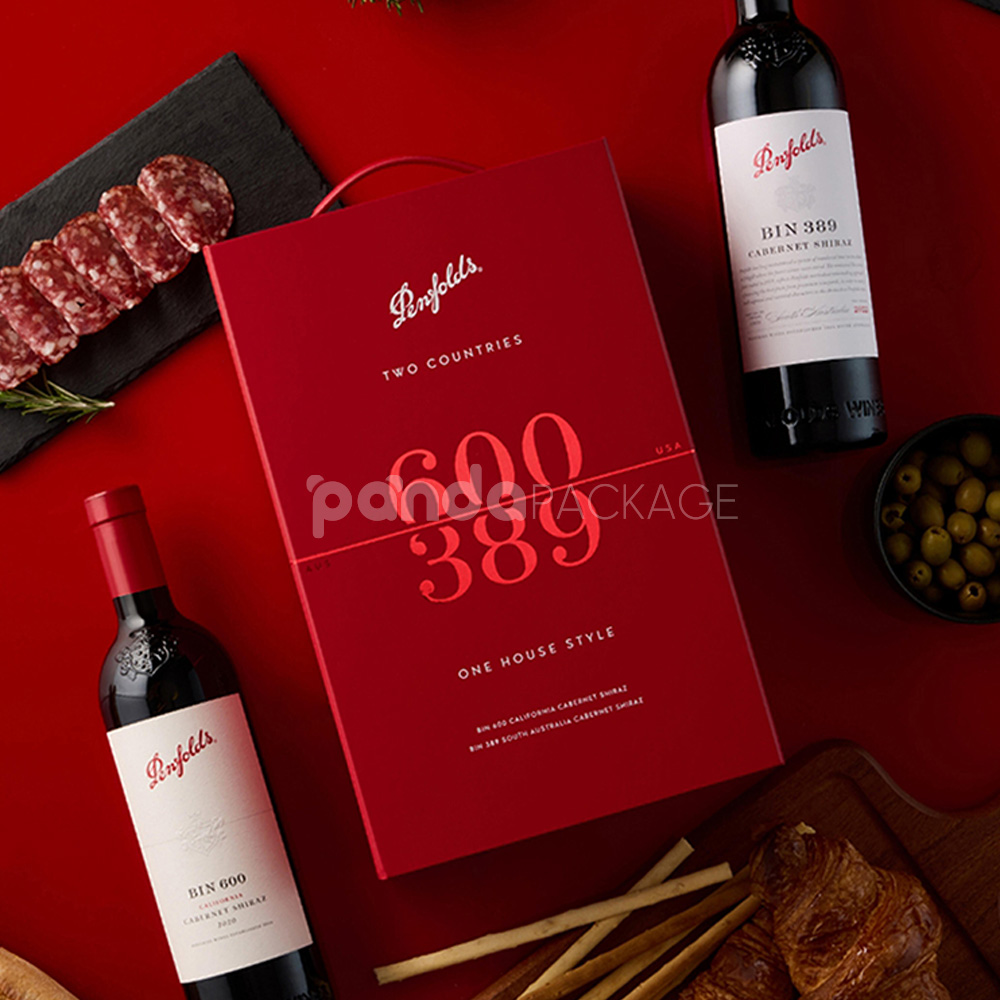 luxury red rigid magnetic wine packaging box with foil stamping and built-in handle for two-bottle presentation