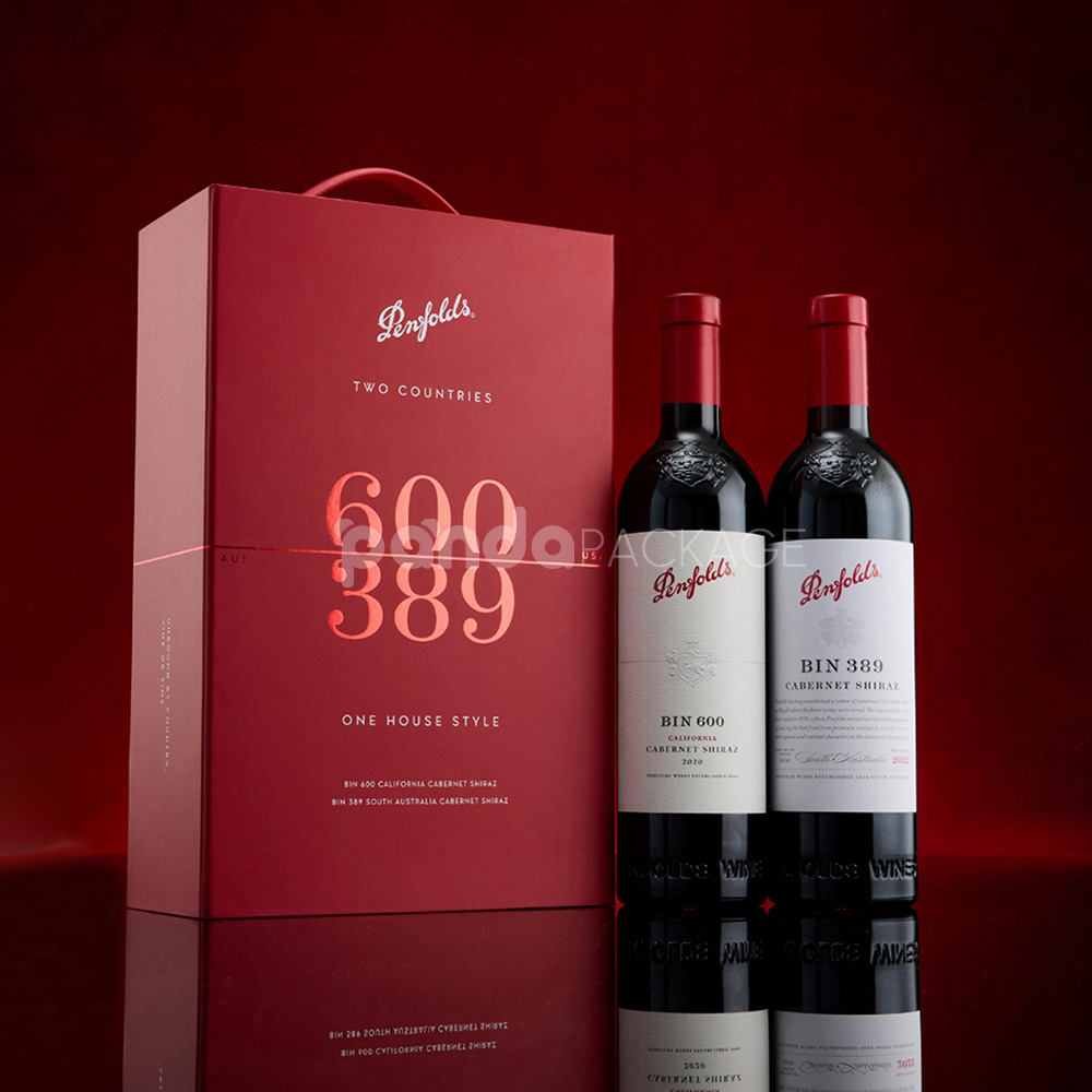 luxury red rigid magnetic wine packaging box with foil stamping and built-in handle for two-bottle presentation