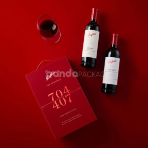luxury red rigid magnetic wine packaging box with foil stamping and built-in handle for two-bottle presentation