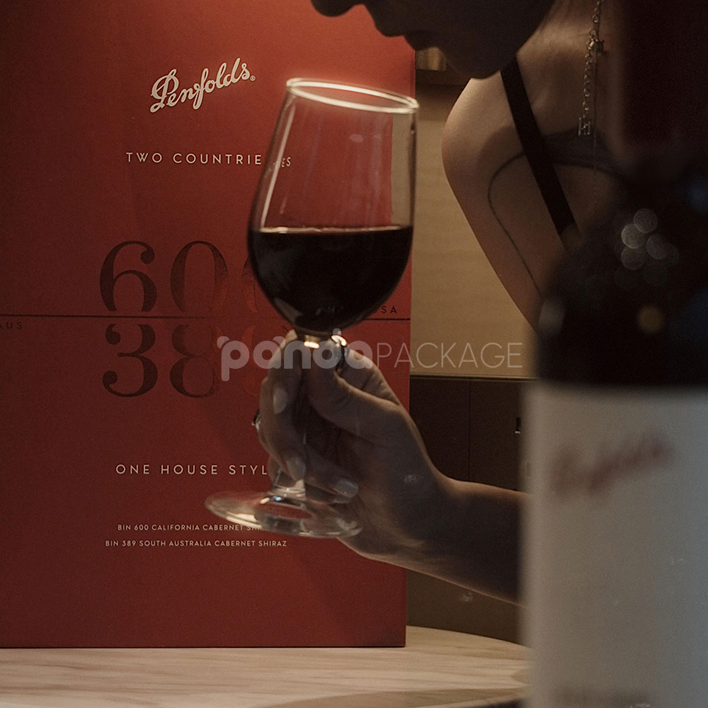 luxury red rigid magnetic wine packaging box with foil stamping and built-in handle for two-bottle presentation