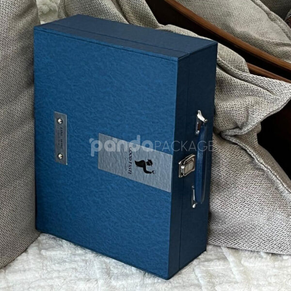 Luxury Blue Leather Rigid Wine Gift Box with Handle and Lock