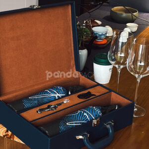 luxury blue leather textured rigid wine gift box with handle lock and suede interior for two-bottle packaging