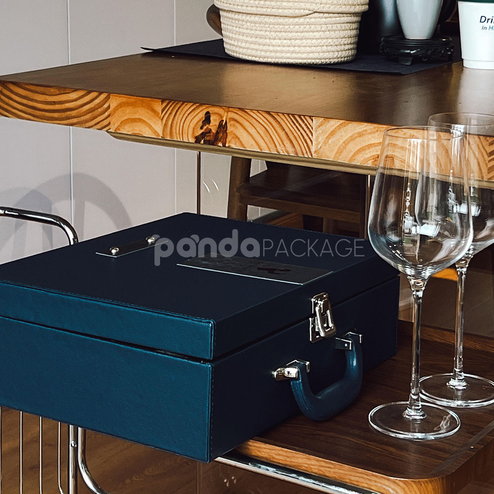 luxury blue leather textured rigid wine gift box with handle lock and suede interior for two-bottle packaging