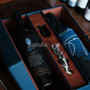 luxury blue leather textured rigid wine gift box with handle lock and suede interior for two-bottle packaging