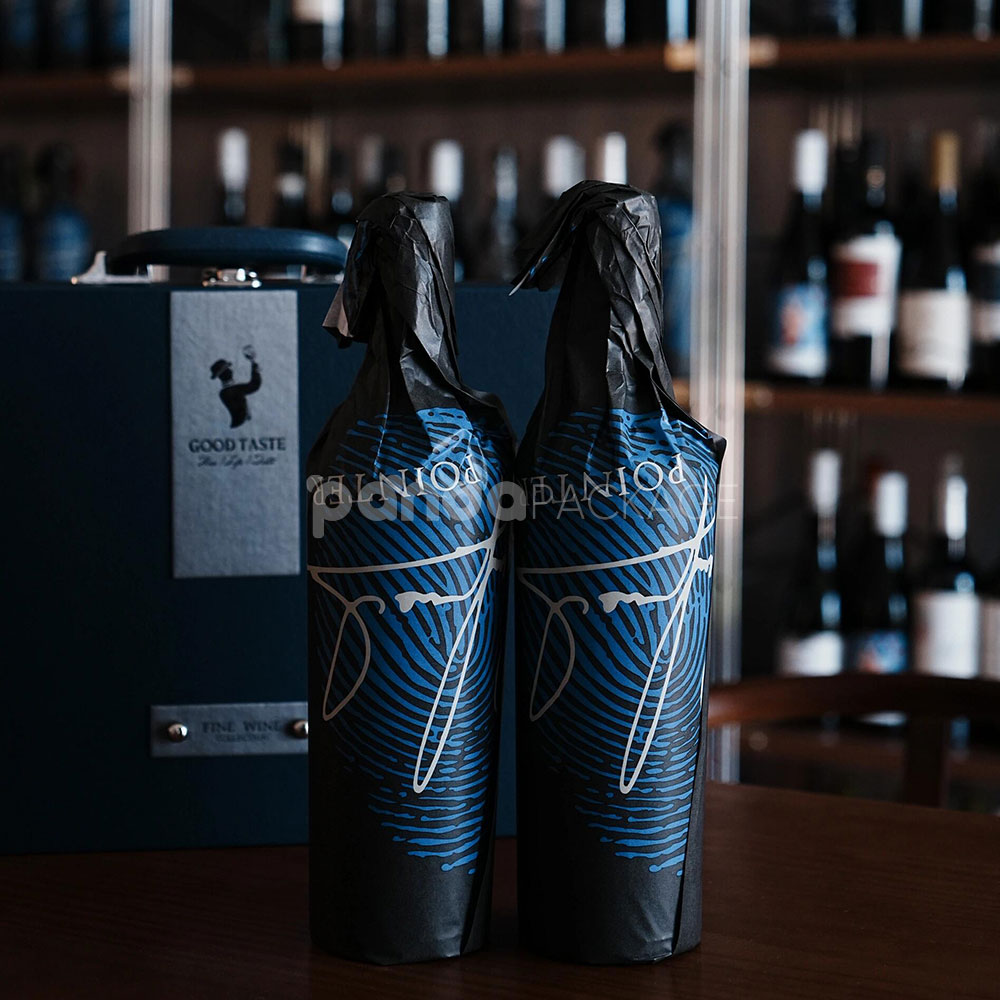 luxury blue leather textured rigid wine gift box with handle lock and suede interior for two-bottle packaging