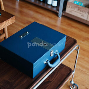 luxury blue leather textured rigid wine gift box with handle lock and suede interior for two-bottle packaging