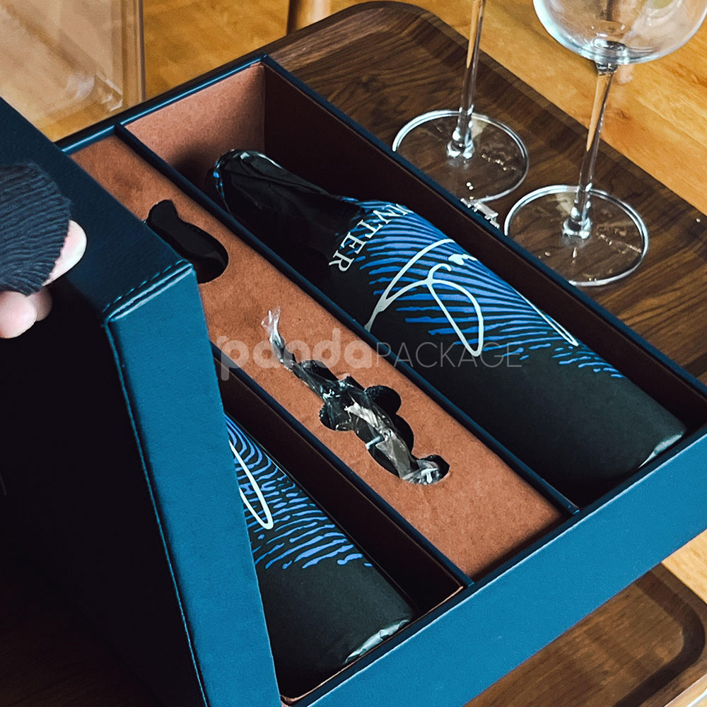 luxury blue leather textured rigid wine gift box with handle lock and suede interior for two-bottle packaging