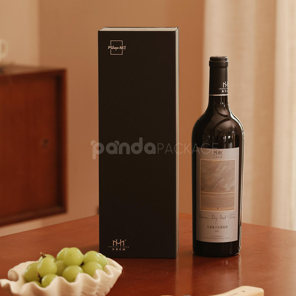 luxury black rigid magnetic wine packaging box with silver foil logo and matching paper bag for single-bottle presentation