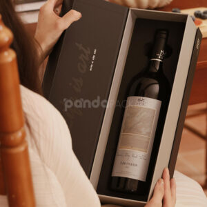 luxury black rigid magnetic wine packaging box with silver foil logo and matching paper bag for single-bottle presentation