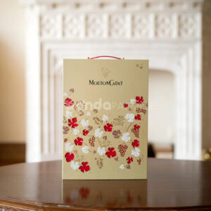 luxury two-bottle rigid magnetic wine packaging box with gold foil floral design and carrying handle for premium gift presentation