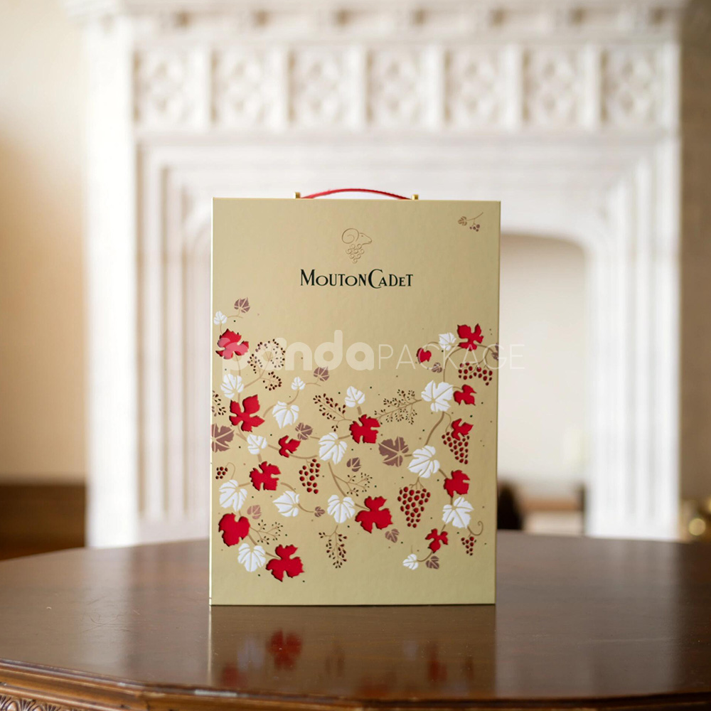 luxury two-bottle rigid magnetic wine packaging box with gold foil floral design and carrying handle for premium gift presentation