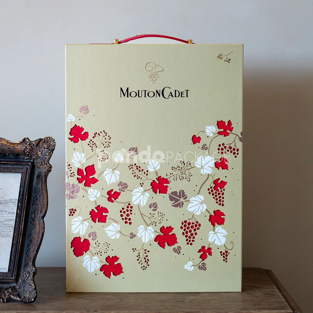 luxury two-bottle rigid magnetic wine packaging box with gold foil floral design and carrying handle for premium gift presentation