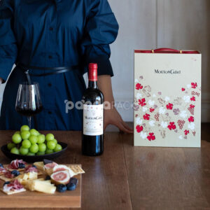 luxury two-bottle rigid magnetic wine packaging box with gold foil floral design and carrying handle for premium gift presentation