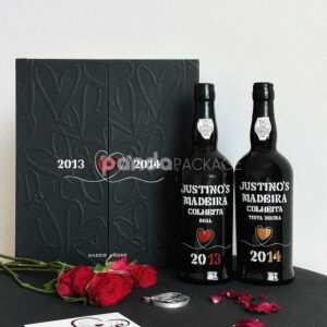 luxury black double-door rigid wine packaging box with heart embossed pattern and red interior for two-bottle gift presentation