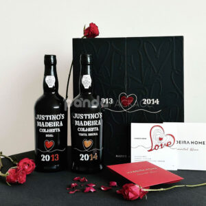 luxury black double-door rigid wine packaging box with heart embossed pattern and red interior for two-bottle gift presentation