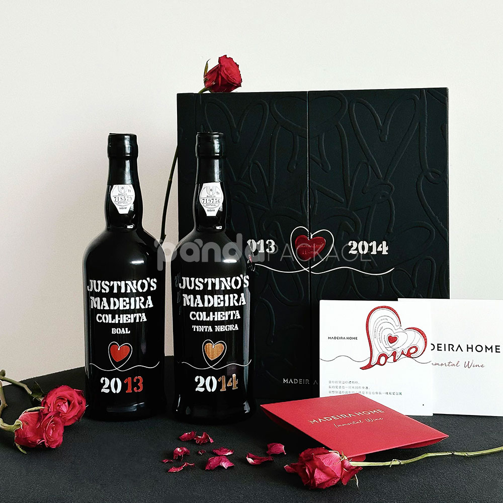 luxury black double-door rigid wine packaging box with heart embossed pattern and red interior for two-bottle gift presentation